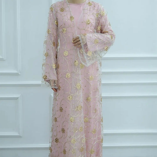 2 Pieces Set Openwork Embroidery Open Abaya Dress Set With Inner Abaya Dress #251070
