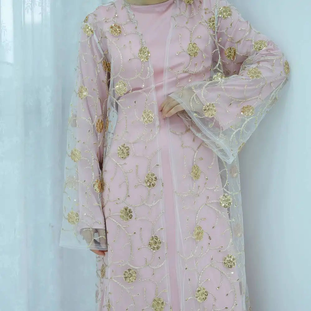 2 Pieces Set Openwork Embroidery Open Abaya Dress Set With Inner Abaya Dress #251070