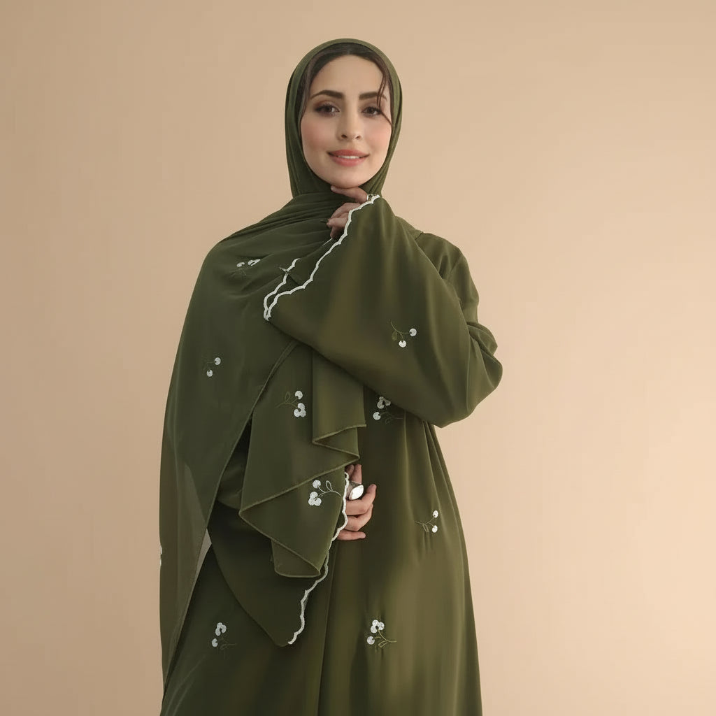 Flower Embroidery Nida Open Abaya Dress With Matching Hijab #251120