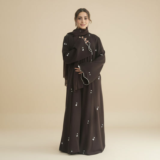 Flower Embroidery Nida Open Abaya Dress With Matching Hijab #251120