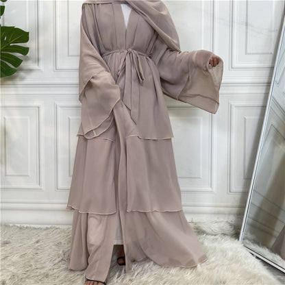 Apricot - S & L - 3 Layer Chiffon Open Abaya Dress