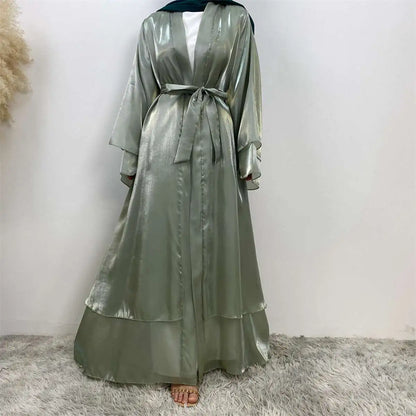 Double Layer Satin Open Abaya Dress