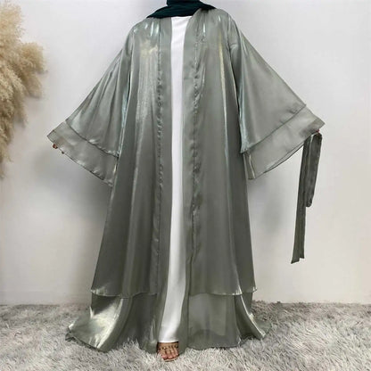 Double Layer Satin Open Abaya Dress