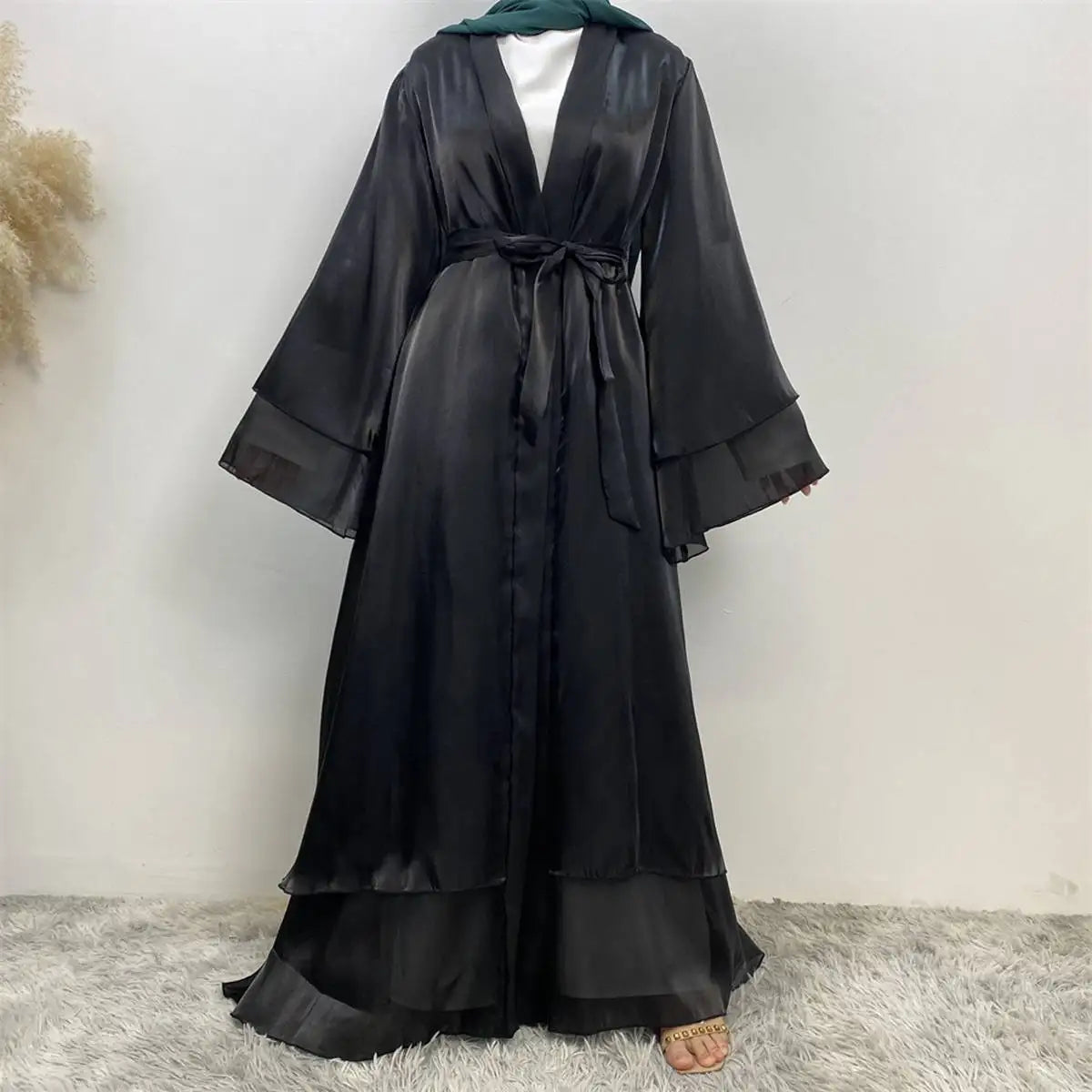 Double Layer Satin Open Abaya Dress