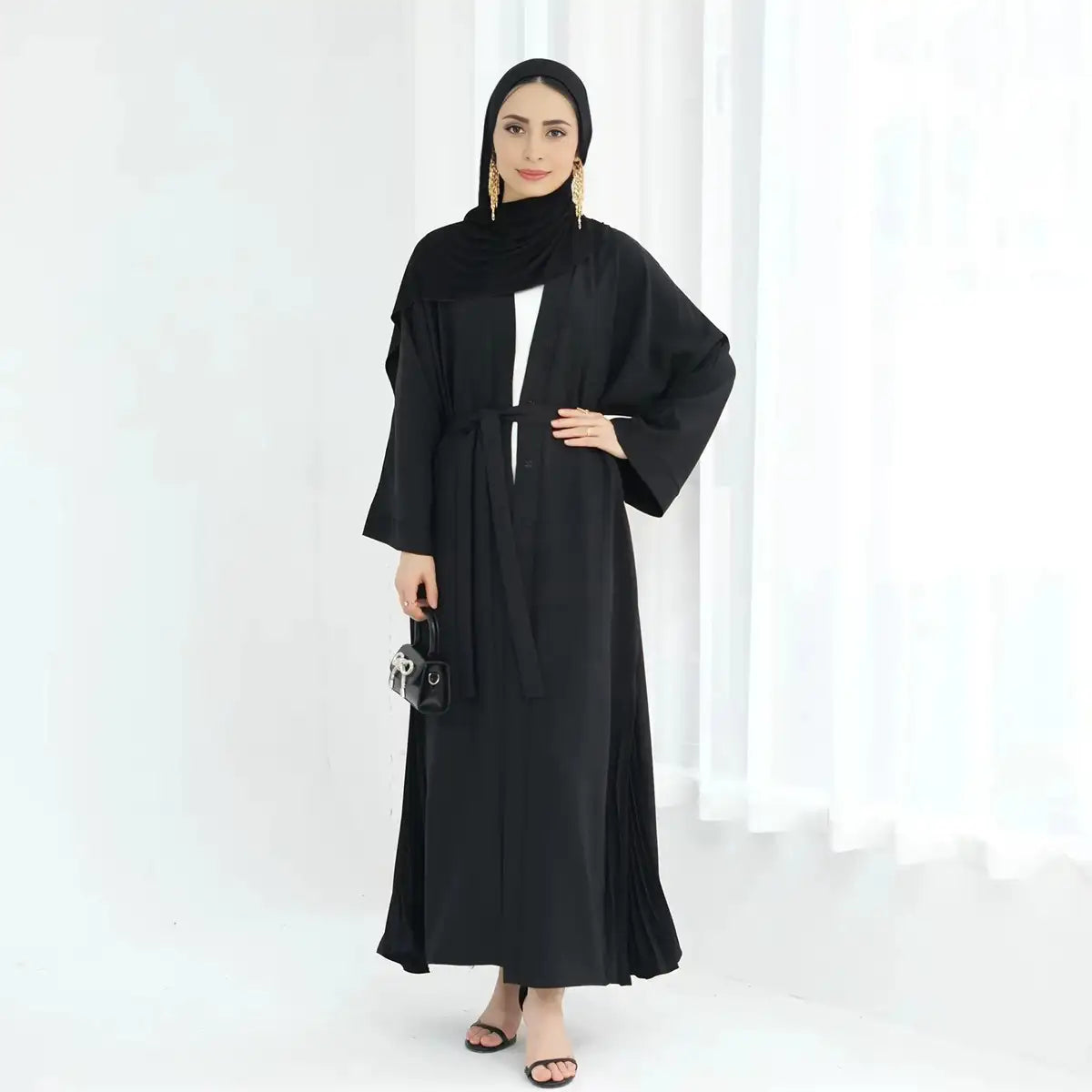 Side Pleated Kimono Cardigan Open Abaya Dress