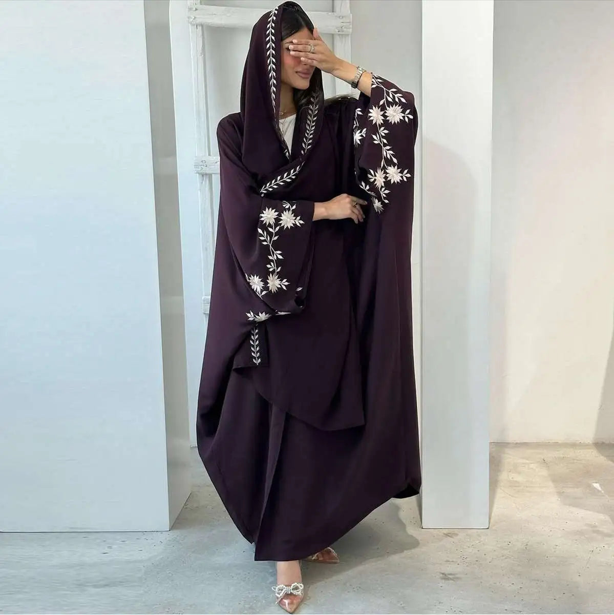 With HIjab Embroidery Cuff Cardigan Open Abaya Dress