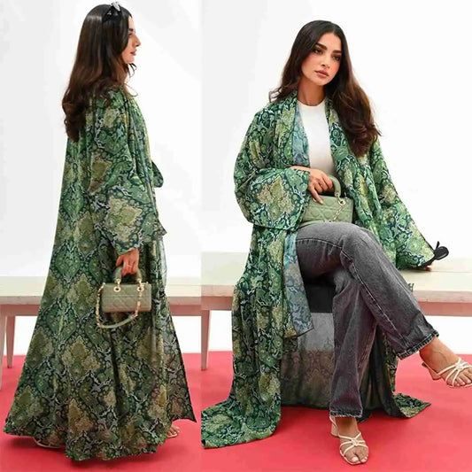 Matching Hijab Green Floral Printed Cardigan Open Abaya Dress