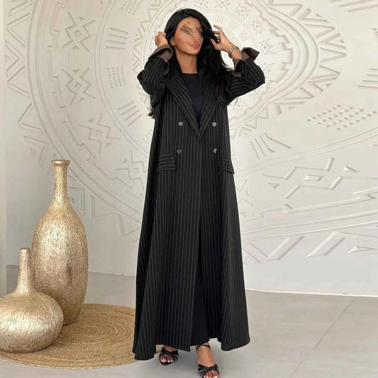 Striped Cotton Yarn-dyed Cardigan Open Abaya Dress