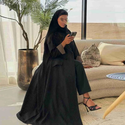 Striped Cotton Yarn-dyed Cardigan Open Abaya Dress