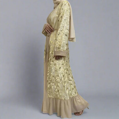 Leaf Embroidery Lace Muslim Women Open Abaya Dress