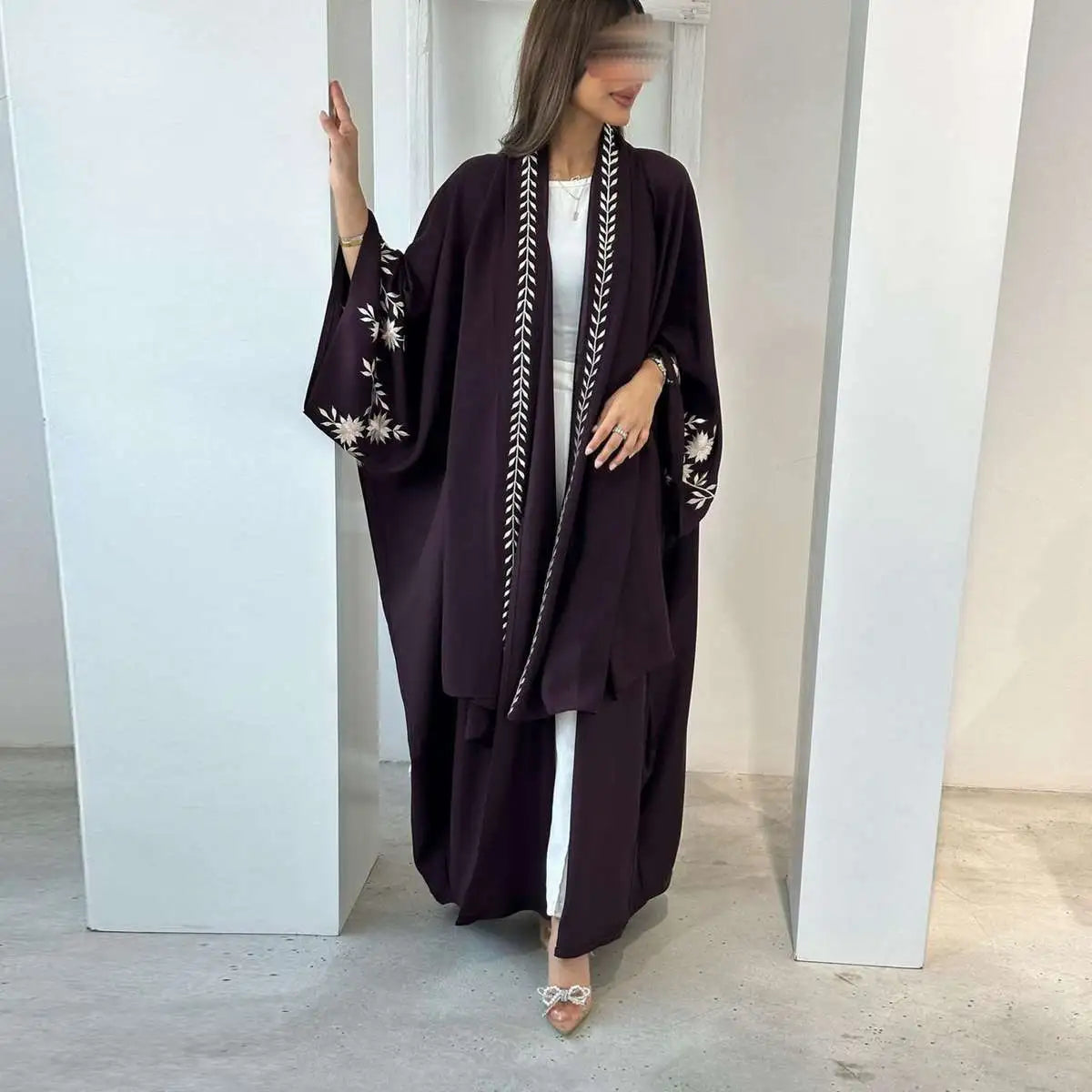 With HIjab Embroidery Cuff Cardigan Open Abaya Dress