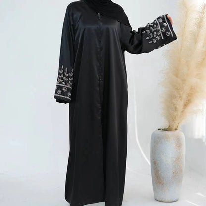 Satin Hand Beading Cardigan Open Abaya Dress