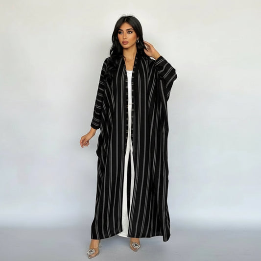 Women Cardigan Open Abaya Dress - Stripe Printed - Cotton