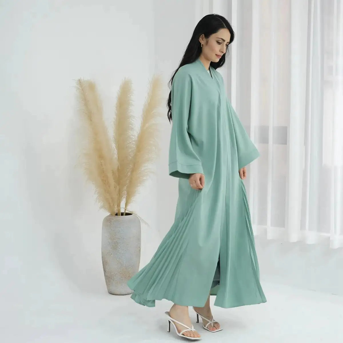 Side Pleated Kimono Cardigan Open Abaya Dress