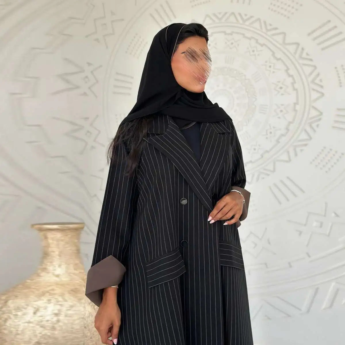 Striped Cotton Yarn-dyed Cardigan Open Abaya Dress