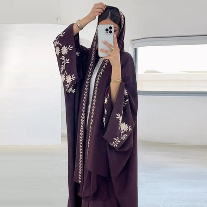 With HIjab Embroidery Cuff Cardigan Open Abaya Dress