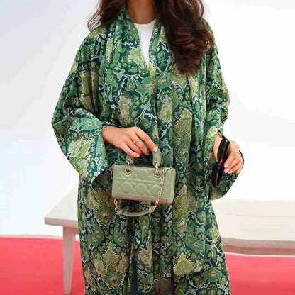 Matching Hijab Green Floral Printed Cardigan Open Abaya Dress