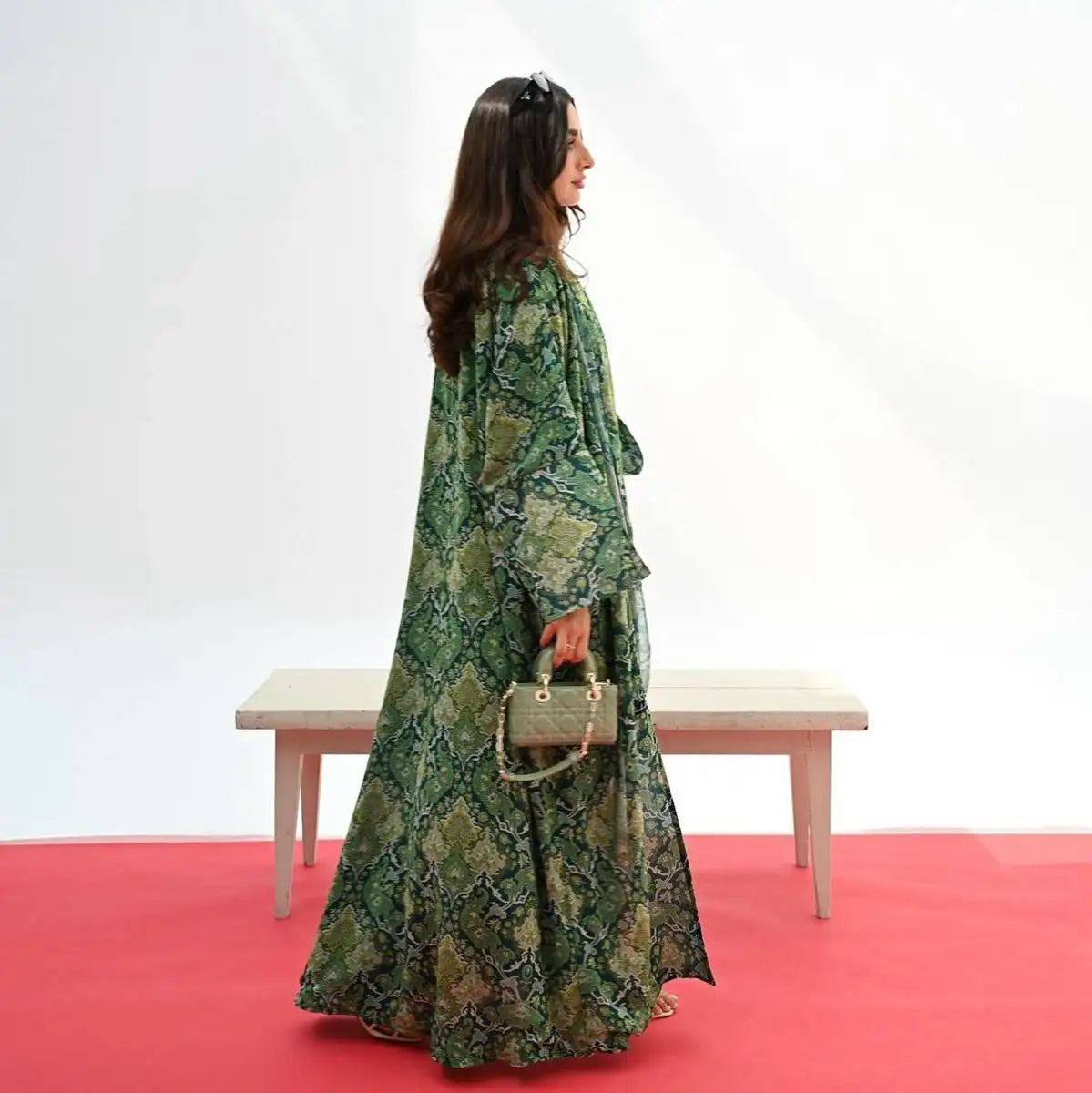 Matching Hijab Green Floral Printed Cardigan Open Abaya Dress