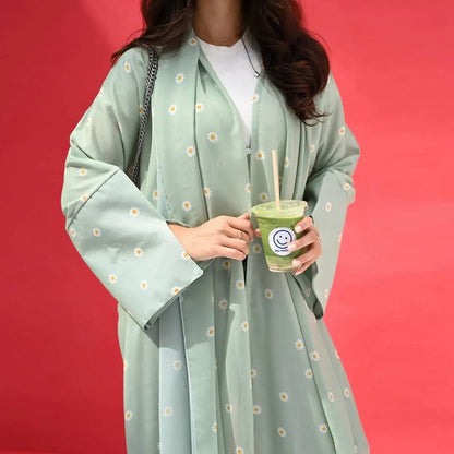 Light Green Flower Printed Cardigan Open Abaya Dress