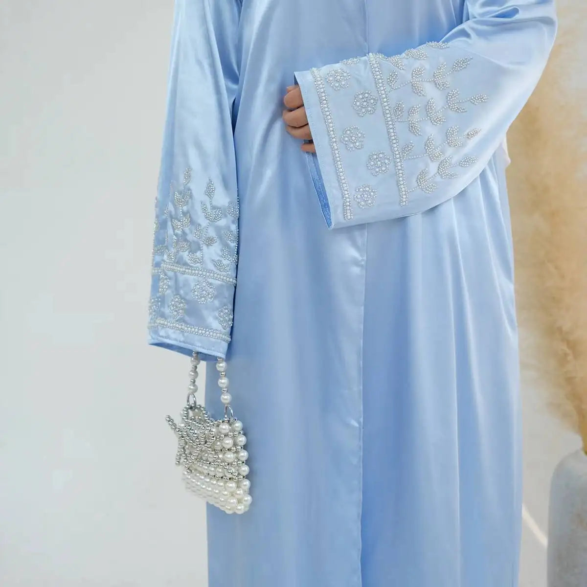 Satin Hand Beading Cardigan Open Abaya Dress