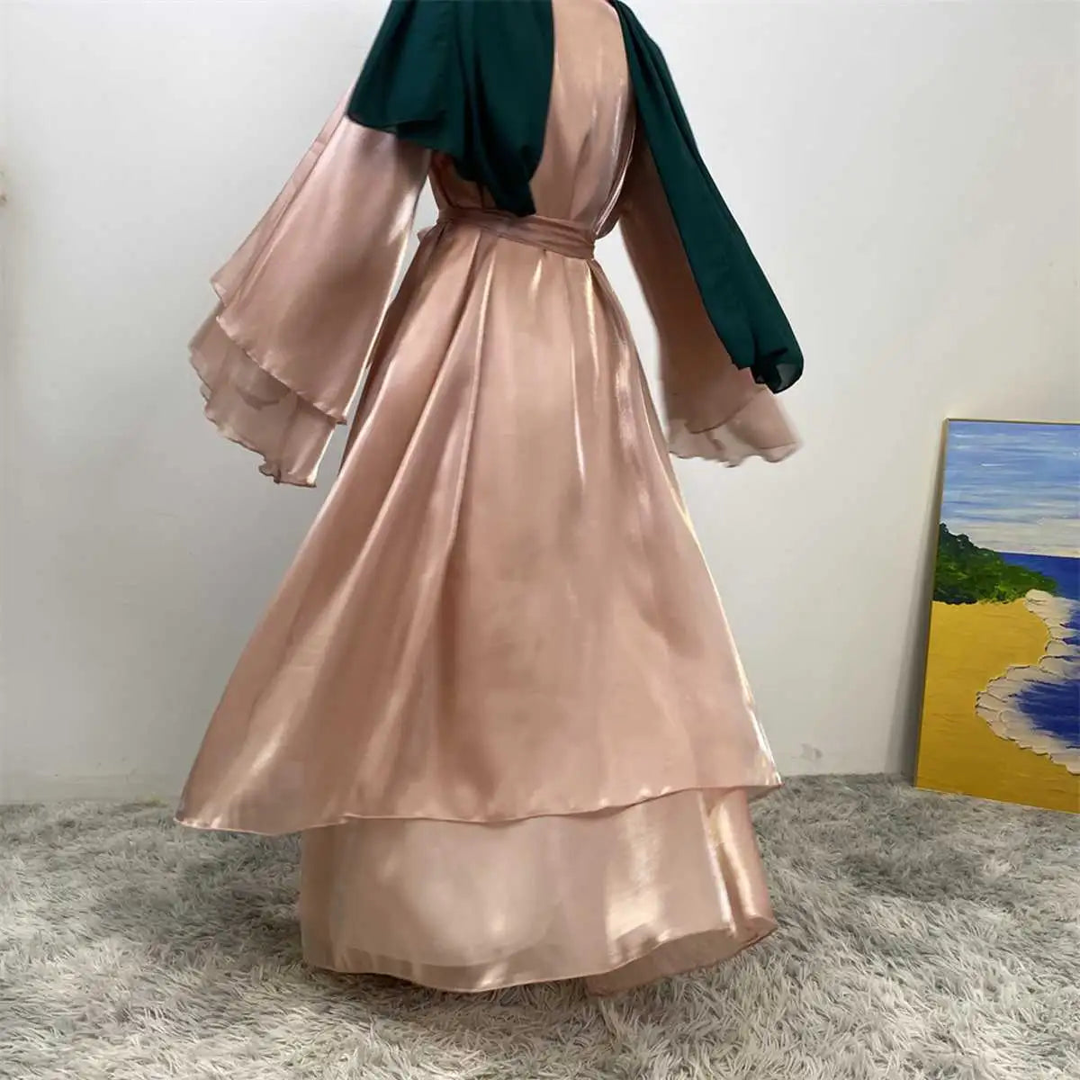 Double Layer Satin Open Abaya Dress