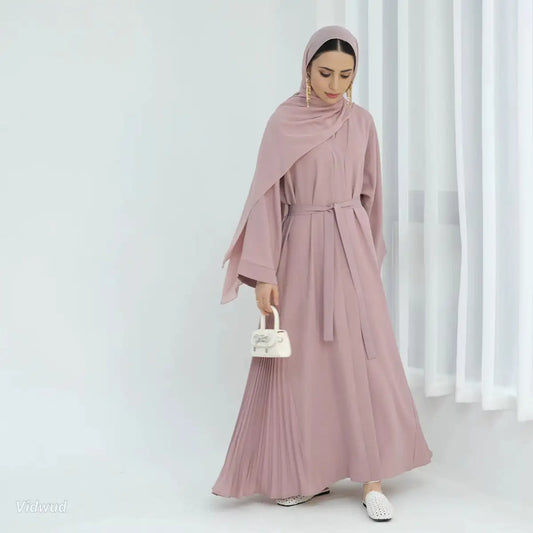 Side Pleated Kimono Cardigan Open Abaya Dress