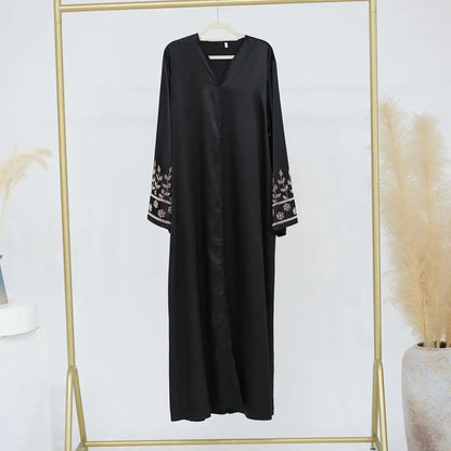 Satin Hand Beading Cardigan Open Abaya Dress