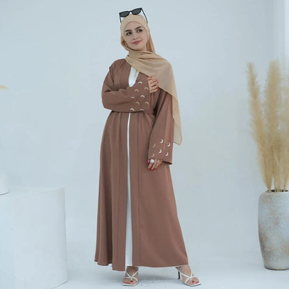 Muslim Women Nida Moon Embroidery Open Abaya Dress