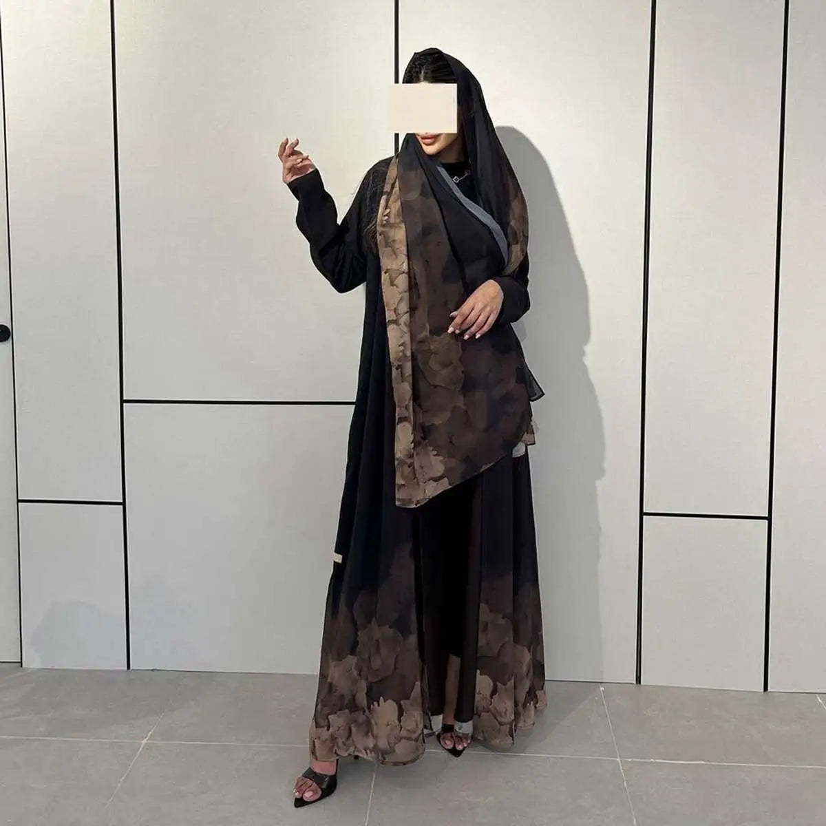 With Hijab Printed Chiffon Cardigan Open Abaya Dress