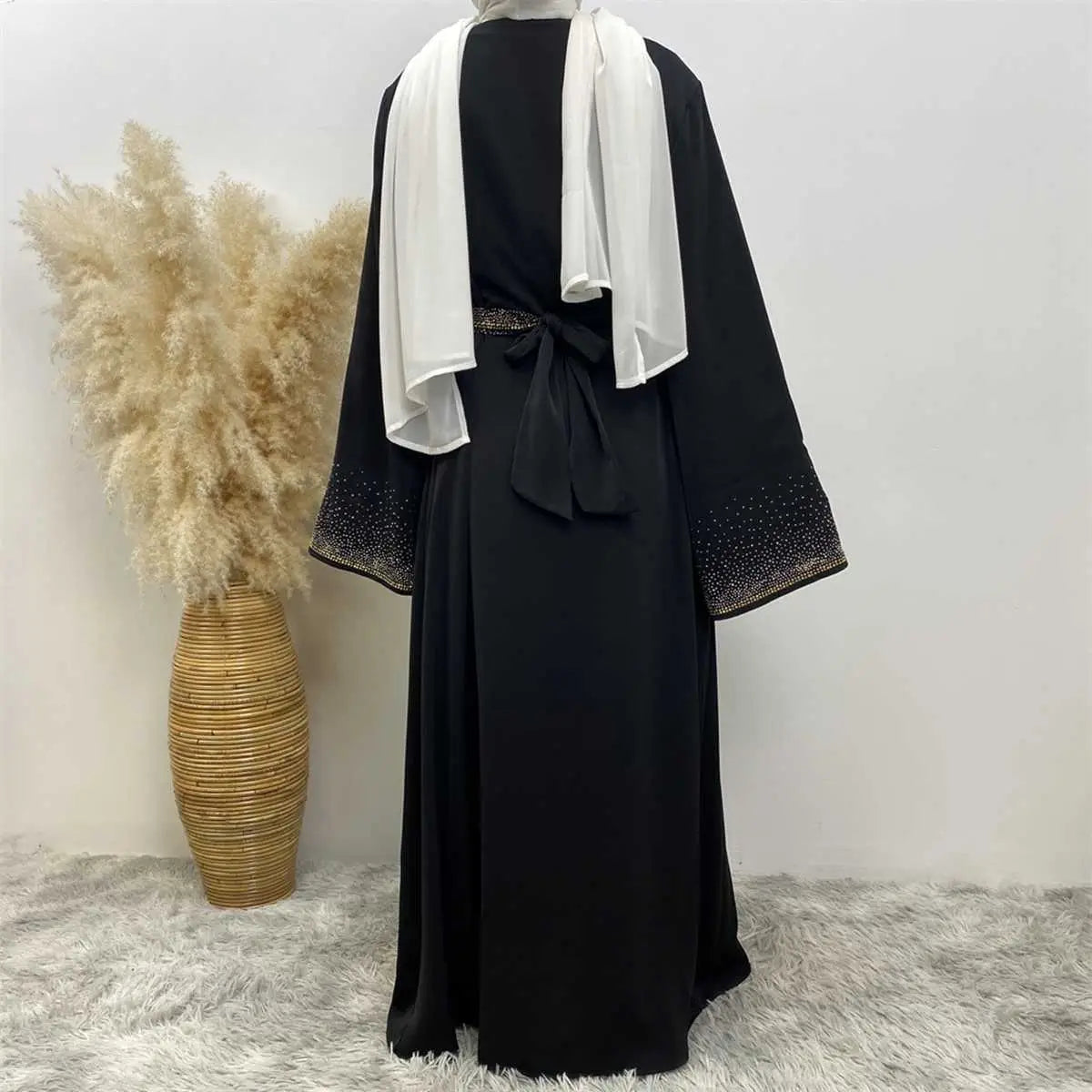 With Pocket Hotfix Rhinestone Nida Open Abaya Dress