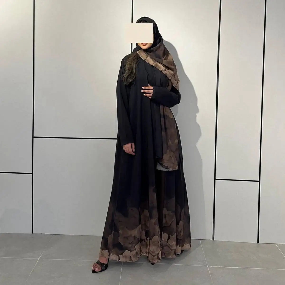 With Hijab Printed Chiffon Cardigan Open Abaya Dress