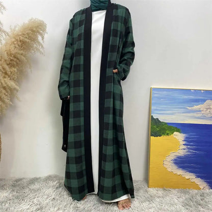 Muslim Women Plaid Open Abaya Dress