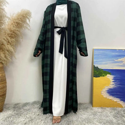 Muslim Women Plaid Open Abaya Dress