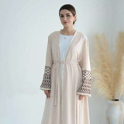 Arab Muslim Mother And Daughter Girl Matching Embroidery Tassel Sleeve Cardigan Open Abaya Dress