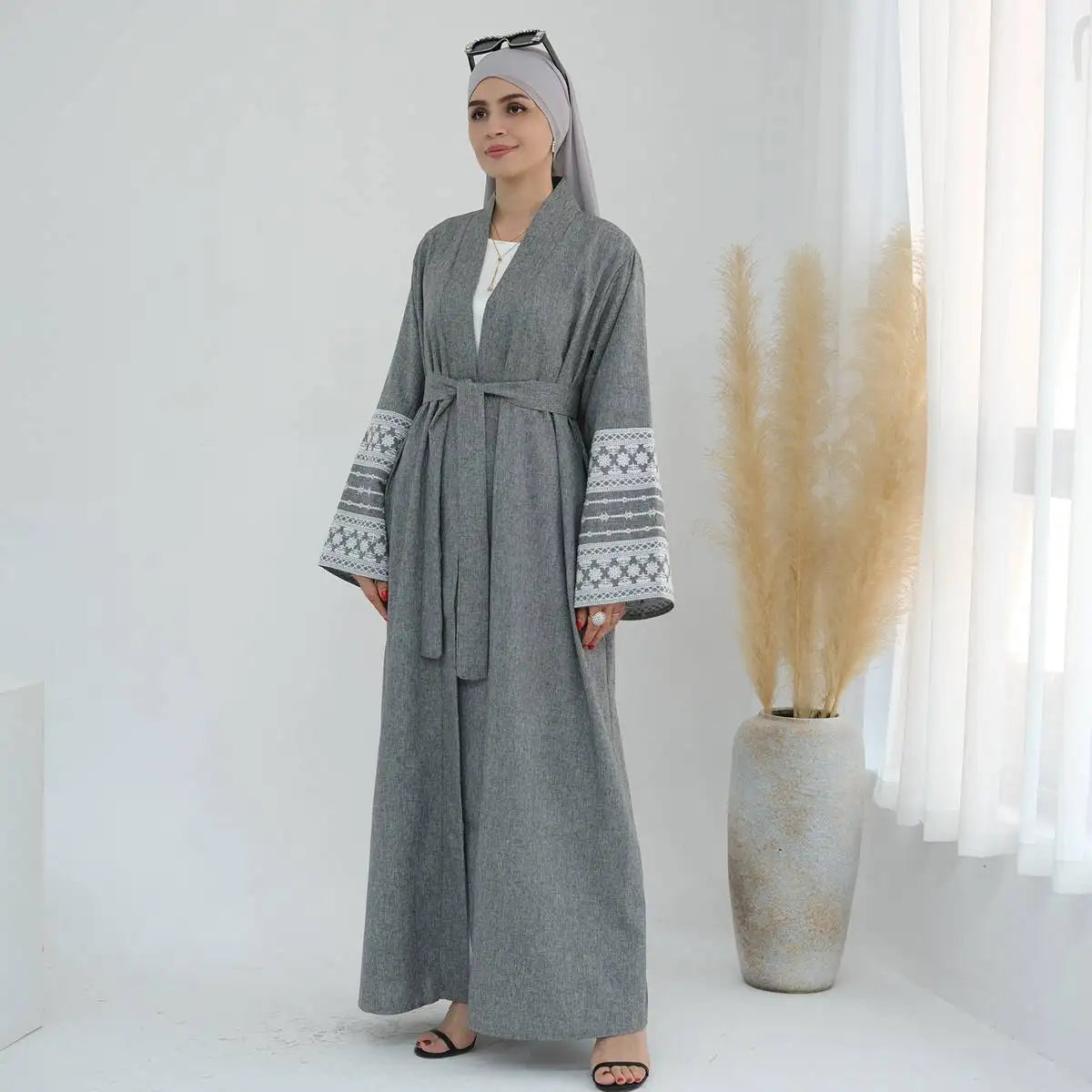Cotton Blend Embroidery Sleeve Cardigan Open Abaya Dress