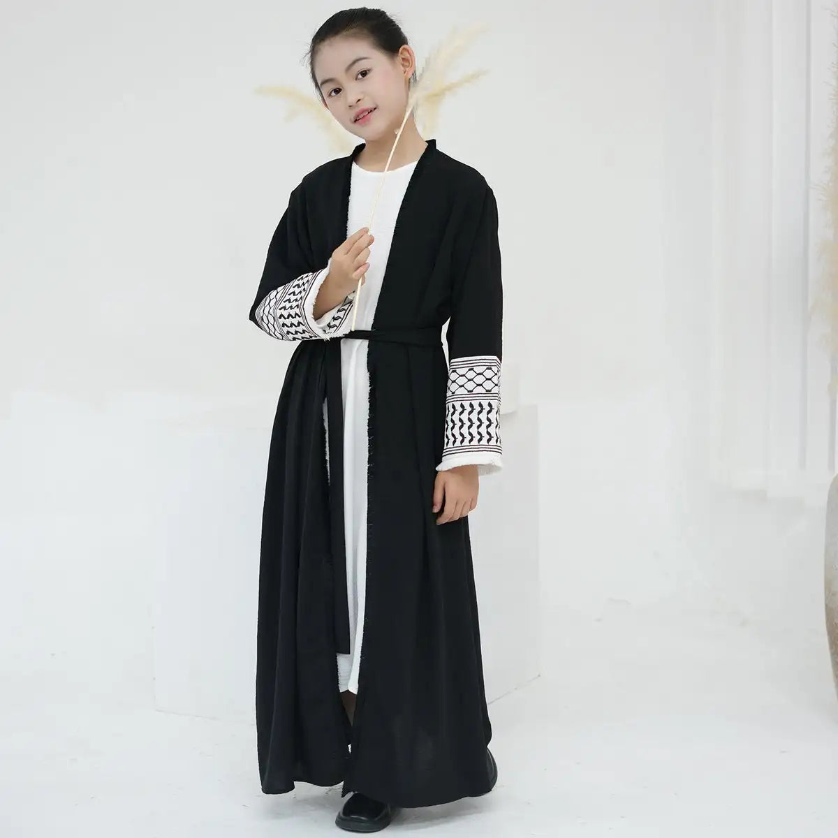 Arab Muslim Mother And Daughter Girl Matching Embroidery Tassel Sleeve Cardigan Open Abaya Dress