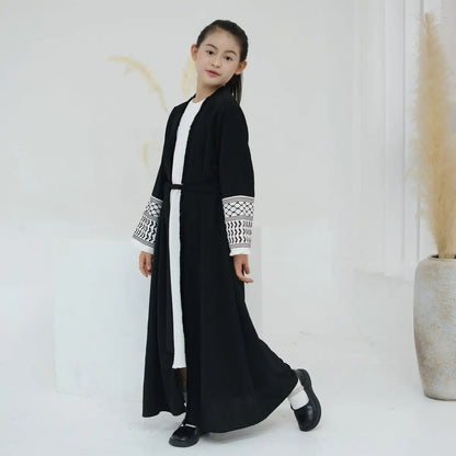 Arab Muslim Mother And Daughter Girl Matching Embroidery Tassel Sleeve Cardigan Open Abaya Dress