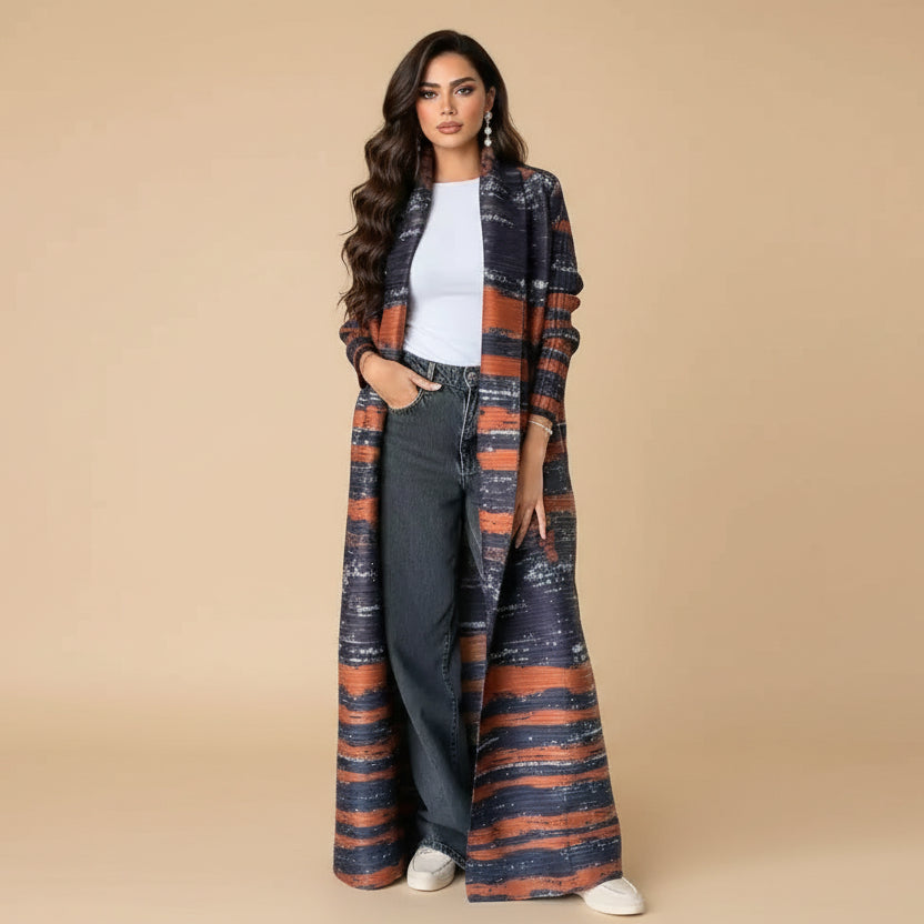 Pleated Sleeve Printed Cardigan Open Abaya Dress #25175