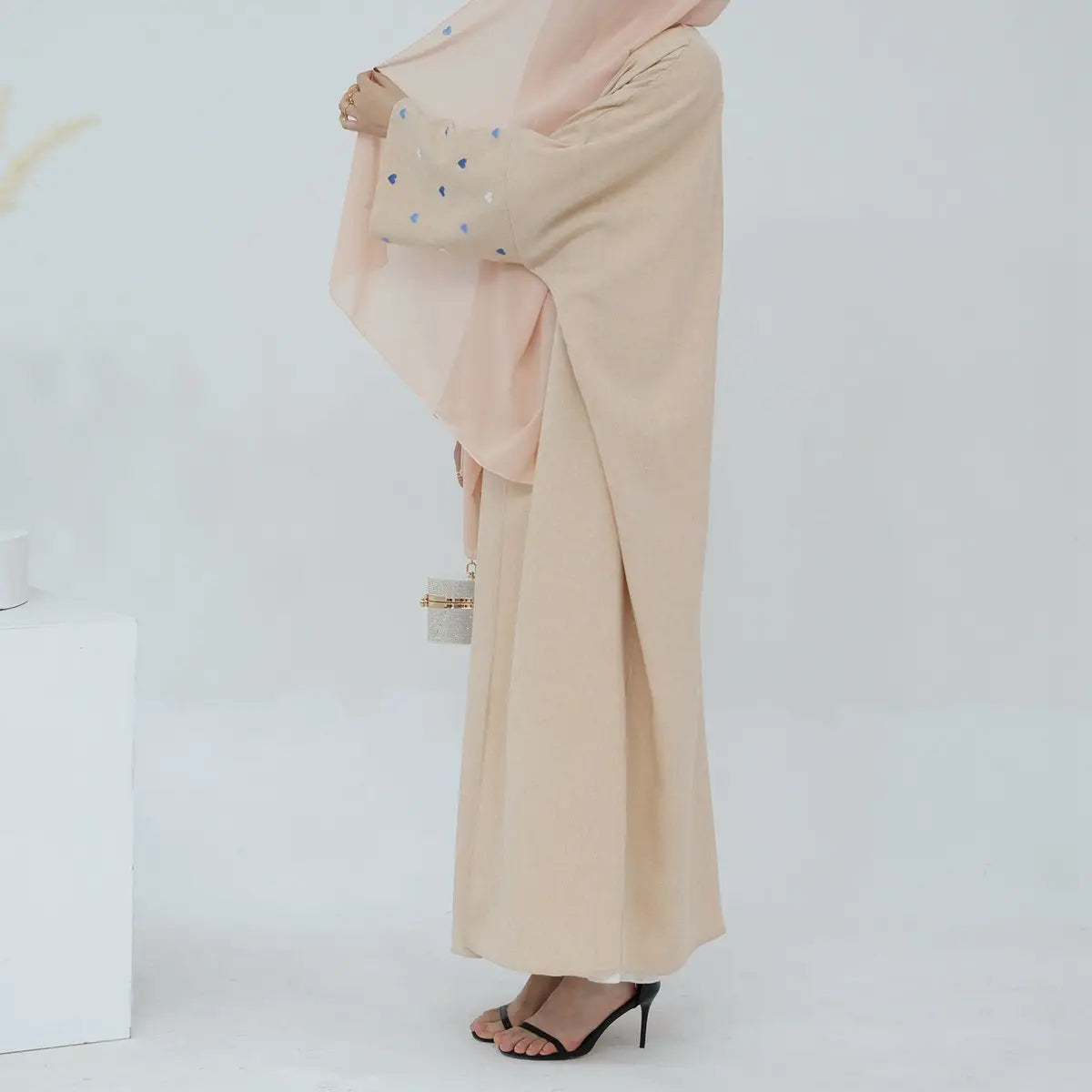 Heart Embroidery Cotton Linen Cardigan Open Abaya Dress