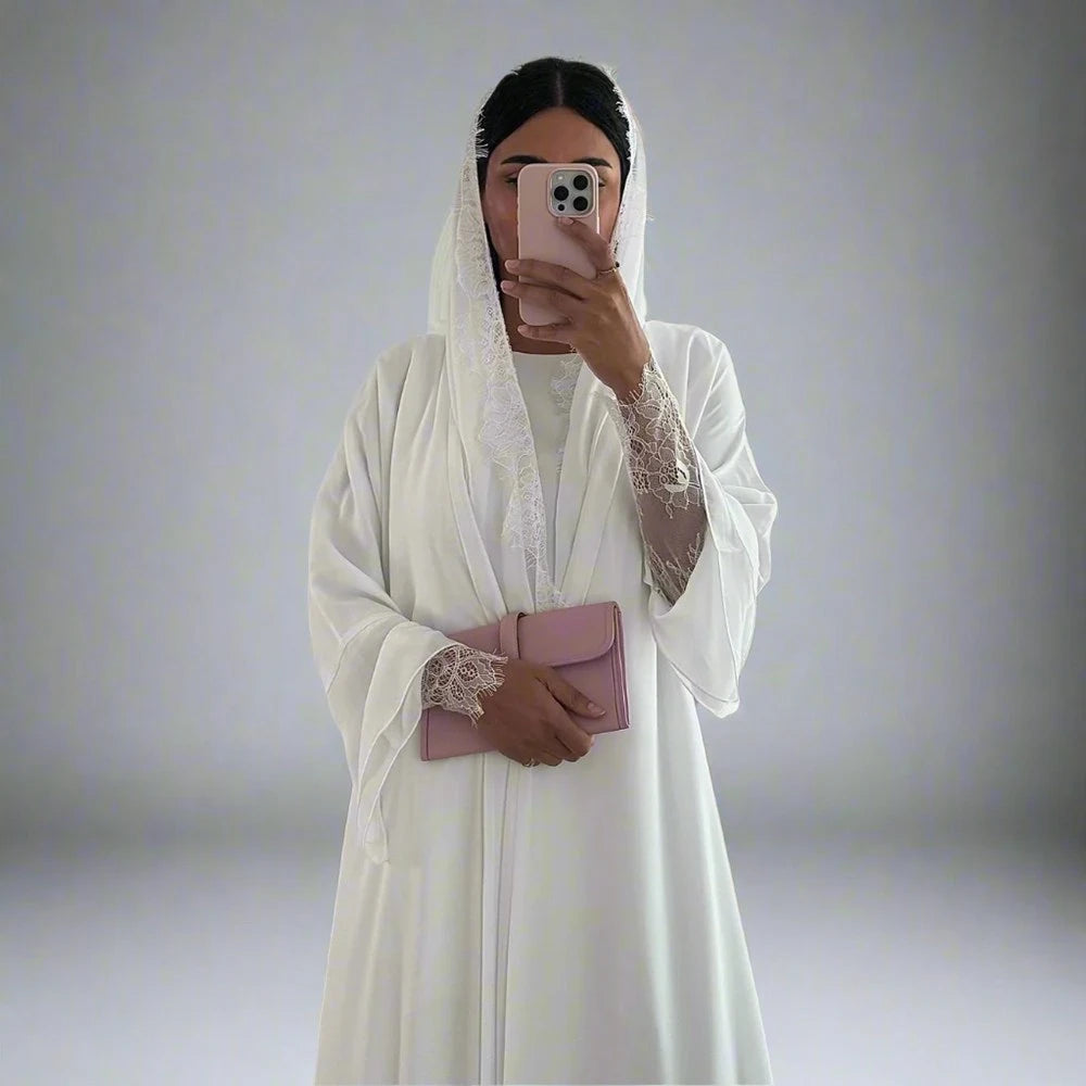 2 Pieces Set Lace Cardigan Open Abaya Dress With Matching Hijab #25221