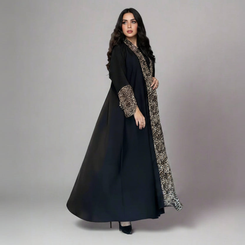 Leopard Printed Cardigan Open Abaya Dress With Matching Hijab #25194
