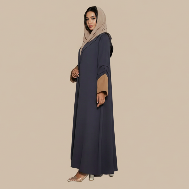 Women Open Abaya Dress - Pleated - Velvet Satin - Gray - #25171