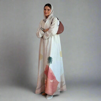 Muslim Women Printed Cardigan Open Abaya Dress