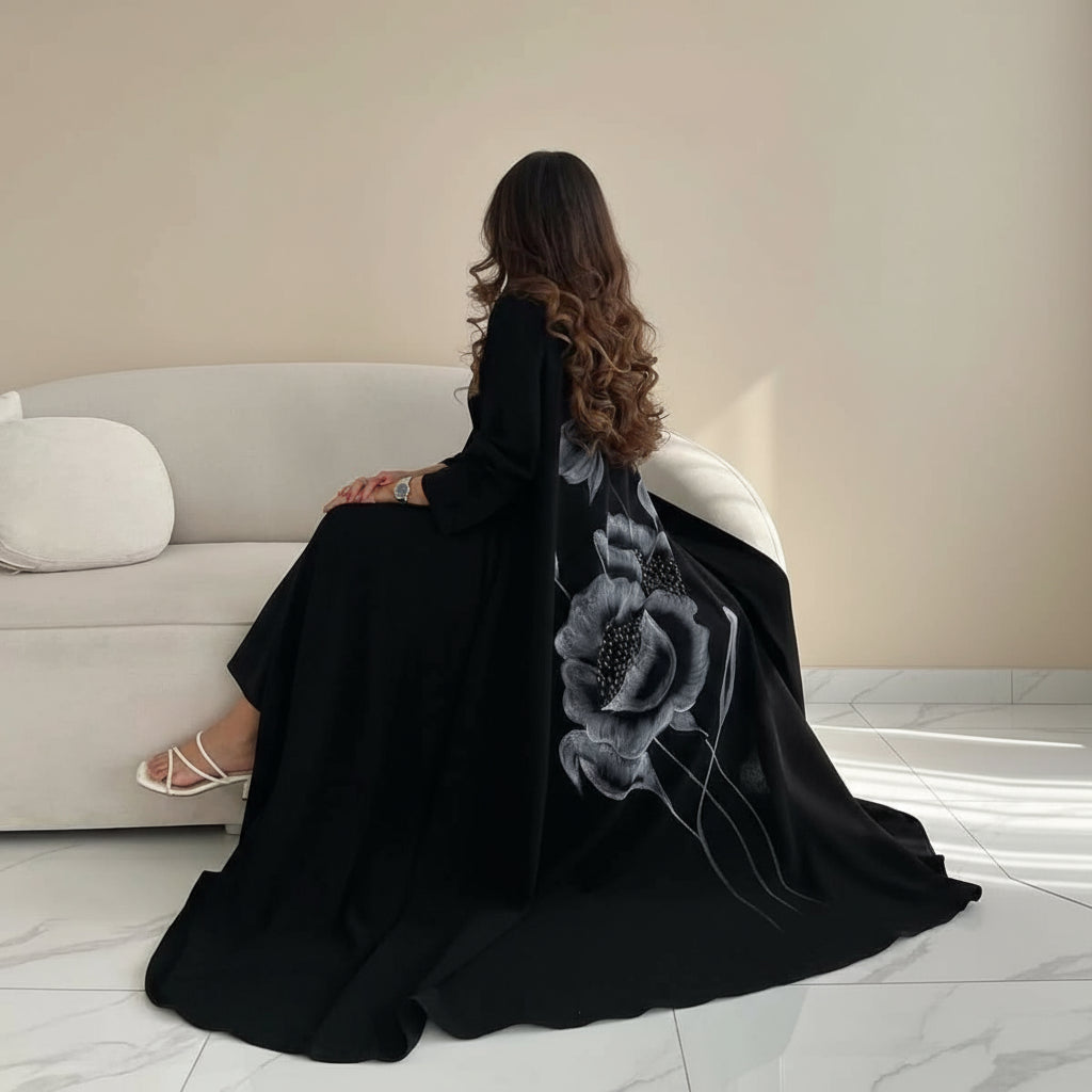 Muslim Women Printed Beads Cardigan Open Abaya Dress #25240