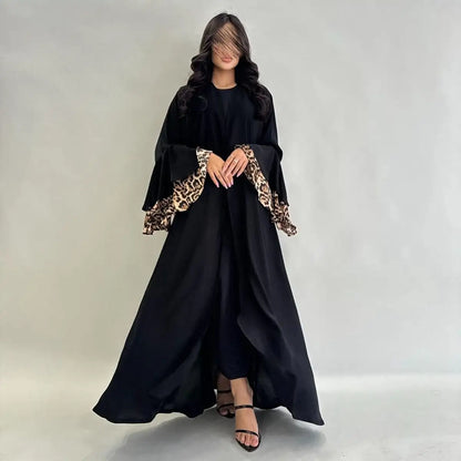 Leopard Print Cuff Cardigan Open Abaya Dress