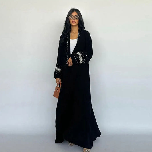 With Hijab Hotfix Rhinestone Beads Cardigan Open Abaya Dress