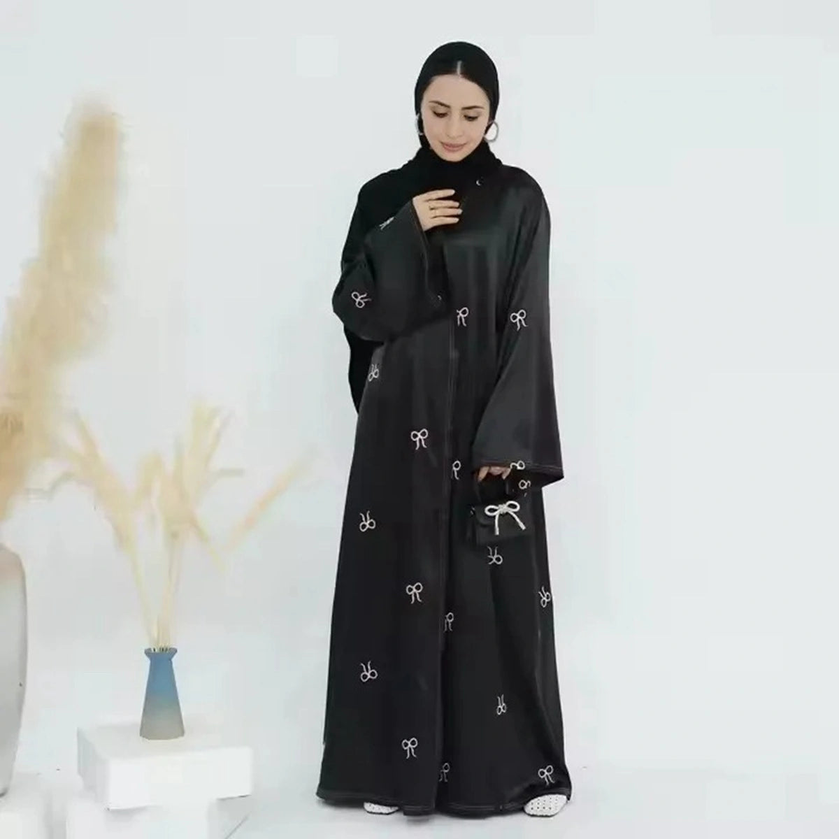 Bow Embroidery Nida Cardigan Open Abaya Dress #24910