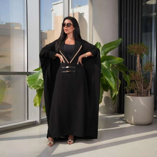 Batwing Sleeve Farasha Open Abaya Dress With Leather Belt