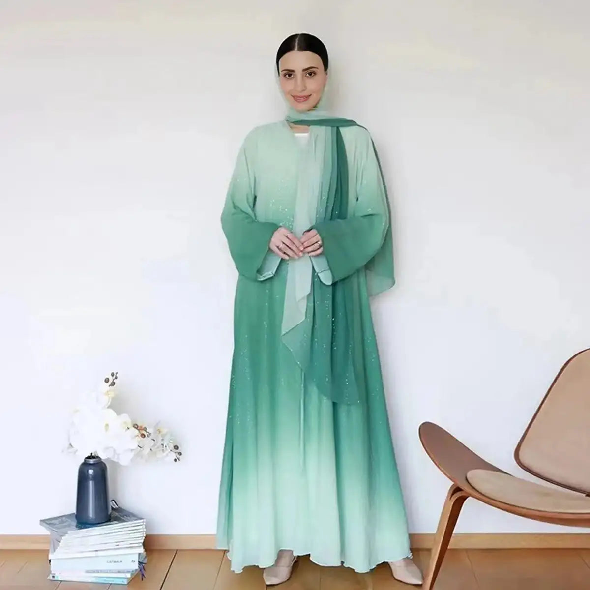 Ombre Gradient Glitter Chiffon Open Abaya Dress With Matching Hijab