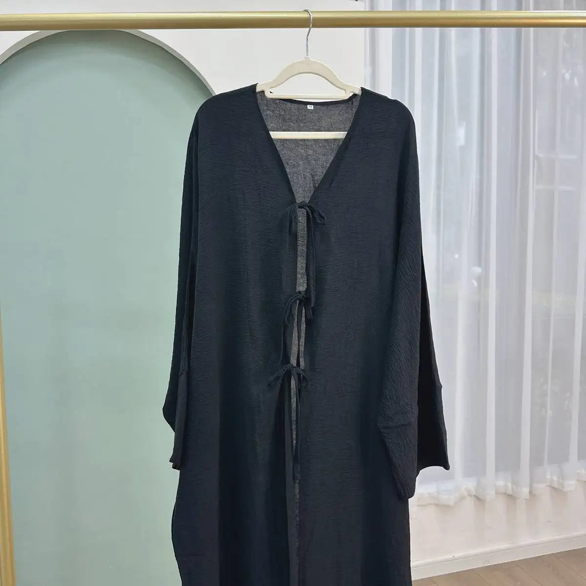 Wrinkle Belted Cardigan Open Abaya Dress